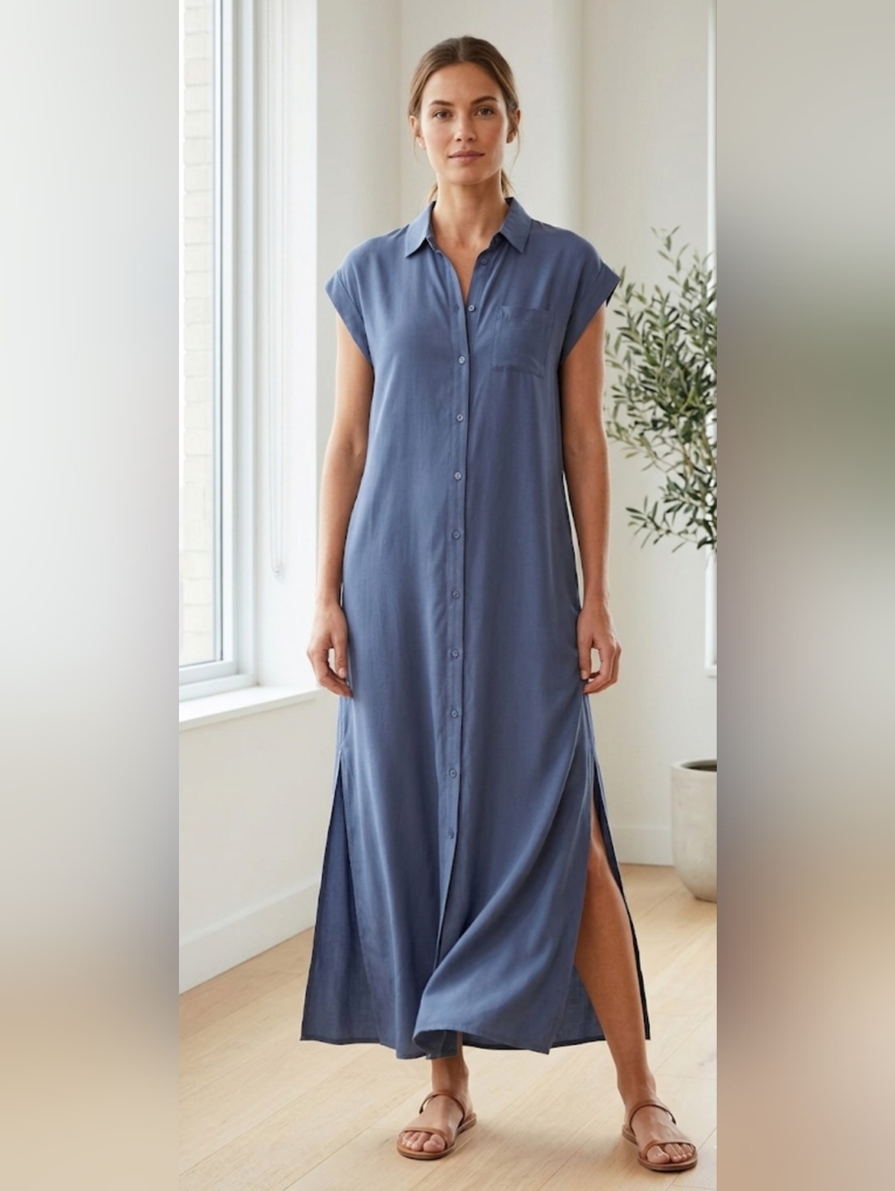 ​Saks Fifth Avenue Blue Rayon Maxi Shirt Dress Side Slits Small